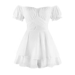 Jumpsuit Damen Sommer Kurz Elegant Sexy Boho Blume Off Shoulder Chiffon Strampler Shorts Smock Minikleid Overall Festlich Hochzeit Y2K Cottagecore Dress Sommerkleid Playsuit Hosenanzug Weiß L von Odizli