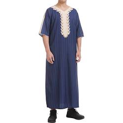 Kaftan Herren Abaya Muslimische Kleider Arabische Islamische Kleidung Gebetskleidung für Männer Tunika Nachthemd Dubai Robe 3/4 Ärmel V-Ausschnitt Streifen Print Lose Lang Thobe Marineblau 01 M von Odizli