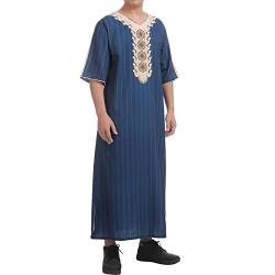 Kaftan Herren Abaya Muslimische Kleider Arabische Islamische Kleidung Gebetskleidung für Männer Tunika Nachthemd Dubai Robe 3/4 Ärmel V-Ausschnitt Streifen Print Lose Lang Thobe Marineblau 02 L von Odizli