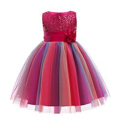 Kinder Mädchen Ärmellos Glitzer Pailletten Blumen Tütü Tüllkleid Prinzessin Kleid Blumenmädchenkleider Festliche Hochzeit Erstkommunion Party Einschulungs Sommerkleider Rosenrot-Regenbogen 6-7 Jahre von Odizli