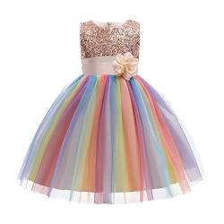 Kinder Mädchen Ärmellos Glitzer Pailletten Blumen Tütü Tüllkleid Prinzessin Kleid Blumenmädchenkleider Festliche Hochzeit Taufkleid Party Einschulungs Sommerkleider Champagner-Regenbogen 5-6 Jahre von Odizli