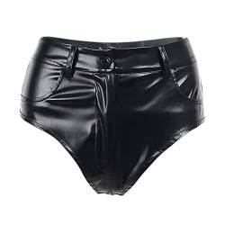 Ledershorts Damen Sexy Wetlook Lack und Leder Mini Tight Bikini Shorts Frauen Hotpants Festival Rave Techno Pole Dance Outfit Lara Croft Kostüm Halloween Karneval Party Faschingskostüme Schwarz 08 L von Odizli