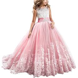 Mädchen Spitze Bestickte Tüll Prinzessin Lang Schwanz Kleider Blumenmädchen Kinder Hochzeit Brautjungfer Prom Ballkleid Formale Partei Kleider Karneval Festzug Cocktailkleid Rot Wassermelone 4-5 Jahre von Odizli