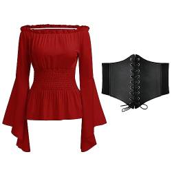 Mittelalter Bluse Damen Gothic Steampunk Korsett Oberteil Langarm Off Shoulder Top Viktorianisches Renaissance Kleidung Piratenkostüm Wikinger Kostüm Halloween Karneval Faschingskostüme Rot+Gürtel M von Odizli