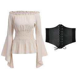 Mittelalter Bluse Damen Gothic Steampunk Korsett Oberteil Off Shoulder Top Viktorianisches Renaissance Kleidung Piratenkostüm Wikinger Kostüm Halloween Karneval Faschingskostüme Aprikose+Gürtel XL von Odizli