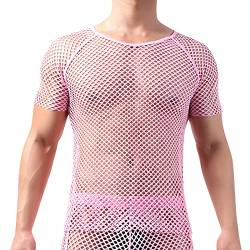 Netzhemd Herren Netzoberteil Netzshirt Männer Unterhemden Muskelshirts Achselshirts Herrenunterhemdem Sexy Unterwäsche Clubwear Rave Kinky Outfit Rosa Kurzarm L von Odizli