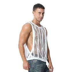 Netzhemd Herren Netzoberteil Netzshirt Männer Unterhemden Muskelshirts Achselshirts Herrenunterhemdem Tank Top Tanktop Vest Transparent Fishnet Breathable Sweatshirt Sexy Clubwear Rave Outfit Weiß M von Odizli