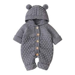 Neugeborene Baby Mädchen Jungen Kleidung Langarm Gestrickt Kapuze Strampler Body Overall Jacke Frühchenkleidung Erstausstattung Babysachen Set Herbst Winter Babykleidung Grau-Haarball 0-6 Monate von Odizli