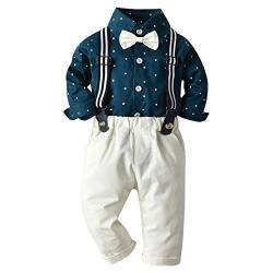 Neugeborenen Baby Jungen kinder kleidung Langarm Hemd+Hosenträger+Fliege+Hosen 4tlg Bekleidungssets Gentleman Festliche Taufe Geschenk Geburtstagsparty Anzug Set Fotoshooting Blau+Weiß 12 Monate von Odizli