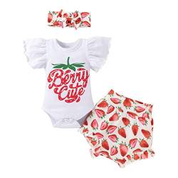 Neugeborenen Set Sommer Baby Kleidung Mädchen Frühchenkleidung Drucken Kurzarm Strampler Body+Frucht Shorts+Bowknot Stirnband 3tlg Bekleidungssets 1. Geburtstag Babykleidung Erdbeere 3-6 Monate von Odizli