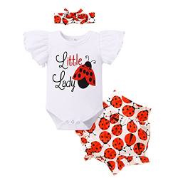 Neugeborenen Set Sommer Baby Kleidung Mädchen Frühchenkleidung Drucken Kurzarm Strampler Body+Frucht Shorts+Bowknot Stirnband 3tlg Bekleidungssets 1. Geburtstag Babykleidung Marienkäfer 0-3 Monate von Odizli