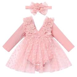 Odizli 1 Geburtstag Mädchen Outfit Gestrickt Strampler Kleid Tüllkleid+Stirnband Kleidung Babykleidung Neugeborene Erstausstattung Babysachen Set Baby Fotoshooting Rosa Blume Langarm 12-18 Monate von Odizli