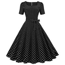 Odizli 1950er Jahre Kleider Damen Vintage Rockabilly Kurzarm Polka Dots A Linie Swing Midi Kleid Cocktail Party Abend Abschlussball Kleid, B#schwarz, X-Large von Odizli