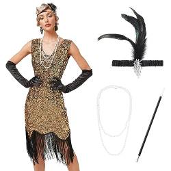 Odizli 20er Jahre Kostüm Damen Vintage Gatsby Glitzer Pailletten 1920er Charleston Flapper Fransenkleid Frauen Ärmellos V-Ausschnitt Kurz Abendkleid Hochzeit Cocktailkleid Gold Schwarz+Accessoires M von Odizli