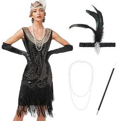 Odizli 20er Jahre Kostüm Damen Vintage Gatsby Glitzer Pailletten 1920er Charleston Flapper Fransenkleid Frauen Ärmellos V-Ausschnitt Kurz Abendkleid Hochzeit Cocktailkleid Schwarz Gold+Accessoires XS von Odizli