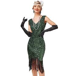 Odizli 20er Jahre Kostüm Damen Vintage Gatsby Glitzer Pailletten 1920er Charleston Flapper Fransenkleid Frauen Sexy Ärmellos V-Ausschnitt Kurz Abendkleid Hochzeit Party Cocktailkleid Grün L von Odizli