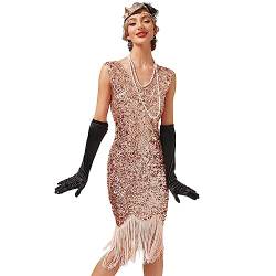 Odizli 20er Jahre Kostüm Damen Vintage Gatsby Glitzer Pailletten 1920er Charleston Flapper Fransenkleid Frauen Sexy Ärmellos V-Ausschnitt Kurz Abendkleid Hochzeit Party Cocktailkleid Rosa L von Odizli