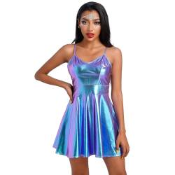 Odizli 80er Jahre Outfit 90er Damen Wetlook Glitzer Metallic Holographic Ärmellos Skater Minikleid Space Alien Kostüm Festival Rave Disco Neon Party Halloween Karneval Faschingskostüme Laserblau L von Odizli