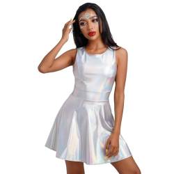 Odizli 80er Jahre Outfit 90er Damen Wetlook Glitzer Metallic Holographic Ärmellos Skater Minikleid Space Alien Kostüm Festival Rave Disco Neon Party Halloween Karneval Faschingskostüme Silber Laser XL von Odizli