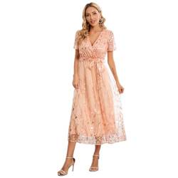 Odizli Abendkleid Elegant für Hochzeit Damen Kurzarm V-Ausschnitt Wickelkleid Glitzer Pailletten Blätter Stickerei Mesh Tüllkleid Festlich Hochzeitsgast Lang Ballkleider Midikleid Sommerkleid Rosa S von Odizli