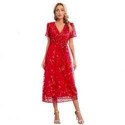 Odizli Abendkleid Elegant für Hochzeit Damen Kurzarm V-Ausschnitt Wickelkleid Glitzer Pailletten Blätter Stickerei Mesh Tüllkleid Festlich Hochzeitsgast Lang Ballkleider Midikleid Sommerkleid Rot L von Odizli