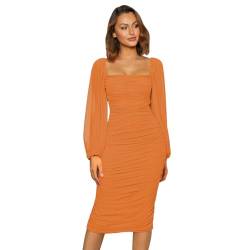 Odizli Abendkleider Elegant für Hochzeit Damen Mesh Langarm Sexy Enges Bodycon Etuikleid Midikleid Festliche Hochzeitsgäste Partykleid Silvester Party Abschlussballkleid Lang Ballkleider Orange M von Odizli