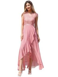 Odizli Abendkleider Elegant für Hochzeit Damen V-Ausschnitt Spitze Chiffonkleid Festlich Hochzeitsgast Vokuhila Kleid Cocktailkleid Lang Ballkleider Abschlusskleid Abschlussballkleid Rosa L von Odizli