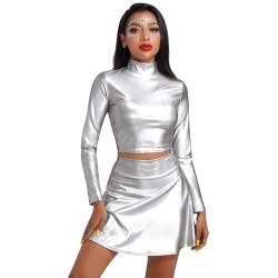 Odizli Alien Kostüm Damen Sexy Metallic Glitzer Langarm Oberteil Crop Top+Faltenrock Mini Skater Rock 80er 90er Jahre Halloween Karneval Party Festival Rave Outfit Faschingskostüme Silber S von Odizli