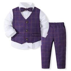 Odizli Anzug Kinder Jungen Festlich Hochzeit Einschulung Kleidung Set Gentleman Langarm Hemd + Weste + Hose + Fliege 4tlg Outfit Geburtstag Taufkleidung Herbst Kinderanzüge Lila Streifen 3-4 Jahre von Odizli