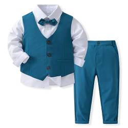 Odizli Anzug Kinder Jungen Festlich Hochzeit Einschulung Kleidung Set Gentleman Langarm Hemd + Weste + Hose + Fliege 4tlg Outfit Geburtstag Taufkleidung Herbst Winter Kinderanzüge Blau 12-18 Monate von Odizli