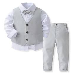 Odizli Anzug Kinder Jungen Festlich Hochzeit Einschulung Kleidung Set Gentleman Langarm Hemd + Weste + Hose + Fliege 4tlg Outfit Geburtstag Taufkleidung Herbst Winter Kinderanzüge Grau 12-18 Monate von Odizli