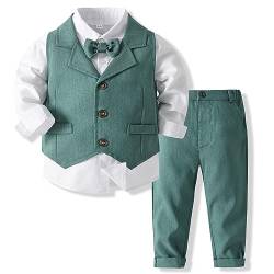 Odizli Anzug Kinder Jungen Festlich Hochzeit Einschulung Kleidung Set Gentleman Langarm Hemd + Weste + Hose + Fliege 4tlg Outfit Geburtstag Taufkleidung Herbst Winter Kinderanzüge Grün 18-24 Monate von Odizli