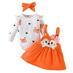 Odizli Baby Kleidung Mädchen Baumwolle Langarm Strampler+Träger Tutu Kleid+Stirnband Bekleidungssets Neugeborene Erstausstattung Babysachen Set Herbst Winter Babykleidung Orange Fuchs 0-3 Monate von Odizli