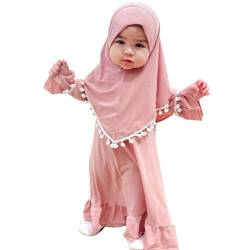 Odizli Baby Mädchen Gebetskleidung Abaya Muslim Muslimische Islamische Langarm Kleider Hijab Arabisch Türkische Robe Jilbab Khimar Kaftan Ramadan Burka Lang Gebetskleid Rosa-Pompoms 6-12 Monate von Odizli