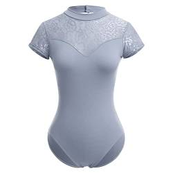 Odizli Ballettkleidung Damen Kurzarm V-Ausschnitt Spitze Rückenfrei Body Bodysuit Ballett Trikot Tanzbody Tanztrikot Turnanzug Ballerina Gymnastikanzug mit BH-Pad Blaugrau #1 L von Odizli