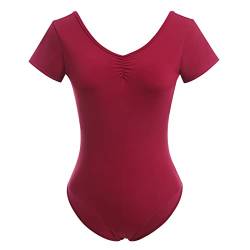 Odizli Ballettkleidung Damen Kurzarm V-Ausschnitt Spitze Rückenfrei Body Bodysuit Ballett Trikot Tanzbody Tanztrikot Turnanzug Ballerina Gymnastikanzug mit BH-Pad Burgund L von Odizli