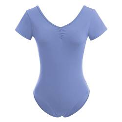 Odizli Ballettkleidung Damen Kurzarm V-Ausschnitt Spitze Rückenfrei Body Bodysuit Ballett Trikot Tanzbody Tanztrikot Turnanzug Ballerina Gymnastikanzug mit BH-Pad Hellblau S von Odizli