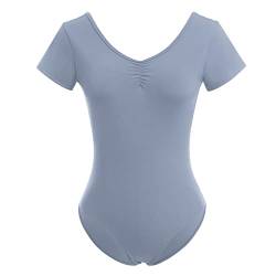 Odizli Ballettkleidung Damen Kurzarm V-Ausschnitt Spitze Rückenfrei Body Bodysuit Ballett Trikot Tanzbody Tanztrikot Turnanzug Ballerina Gymnastikanzug mit BH-Pad Hellgrau XL von Odizli