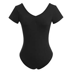 Odizli Ballettkleidung Damen Kurzarm V-Ausschnitt Spitze Rückenfrei Body Bodysuit Ballett Trikot Tanzbody Tanztrikot Turnanzug Ballerina Gymnastikanzug mit BH-Pad Schwarz XXL von Odizli