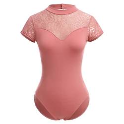 Odizli Ballettkleidung Damen Kurzarm V-Ausschnitt Spitze Rückenfrei Body Bodysuit Ballett Trikot Tanzbody Tanztrikot Turnanzug Ballerina Gymnastikanzug mit BH-Pad Ziegelrot #1 S von Odizli