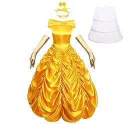 Odizli Belle Kostüm Damen Erwachsene Prinzessin Lange Kleid mit Handschuhe Halloween Weihnachten Karneval Cosplay Party Verkleidung Costume Gelb 2XL von Odizli