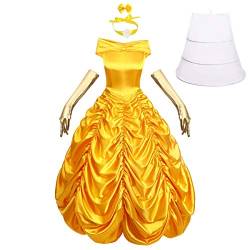 Odizli Belle Kostüm Damen Erwachsene Prinzessin Lange Kleid mit Handschuhe Halloween Weihnachten Karneval Cosplay Party Verkleidung Costume Gelb L von Odizli