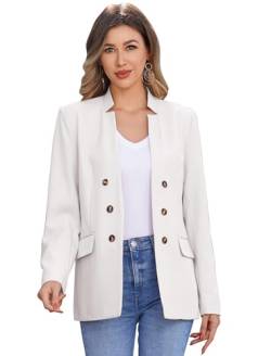 Odizli Blazer Damen Elegant Sportlich Jackett Stehkragen Knopf Lang Blaser Jacke Sweatblazer Sommer Leicht Jersey Oversize Longblazer mit Tasche Langarm Casual Cardigan Business Anzug Weiß L von Odizli