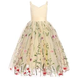 Odizli Blumenmädchenkleider Prinzessin Kleid Mädchen Kinder Ärmellos V-Ausschnitt A-Linie Tüllkleid Festlich Hochzeit Erstkommunion Kommunionkleid Abendkleid Lang Ballkleid Aprikose Stickerei 6 Jahre von Odizli