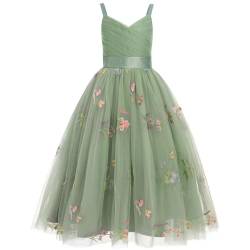 Odizli Blumenmädchenkleider Prinzessin Kleid Mädchen Kinder Ärmellos V-Ausschnitt A-Linie Tüllkleid Festlich Hochzeit Erstkommunion Kommunionkleid Abendkleid Lang Ballkleid Grün Stickerei 9 Jahre von Odizli