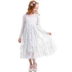 Odizli Blumenmädchenkleider Prinzessin Kleid Mädchen Kinder Langarm Blumen Spitzenkleider Festliche Hochzeit Erstkommunion Geburtstag Weihnachten Partykleid Abendkleid Lang Ballkleid Weiß 6-7 Years von Odizli