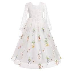 Odizli Blumenmädchenkleider Prinzessin Kleid Mädchen Kinder Langarm Spitze Rückenfreies A-Linie Tüllkleid Festliche Hochzeit Erstkommunion Abendkleid Lang Ballkleid Weiß-Stickerei 3-4 Jahre von Odizli