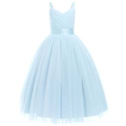 Odizli Blumenmädchenkleider Prinzessin Kleid Mädchen Kinder Spaghettiträger V-Ausschnitt A-Linie Tüllkleid Festlich Hochzeit Erstkommunion Kommunionkleid Abendkleid Lang Ballkleid Hellblau 9 Jahre von Odizli