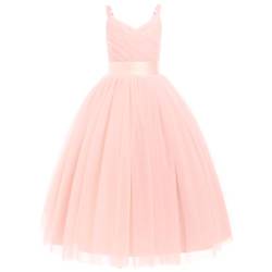 Odizli Blumenmädchenkleider Prinzessin Kleid Mädchen Kinder Spaghettiträger V-Ausschnitt A-Linie Tüllkleid Festlich Hochzeit Erstkommunion Kommunionkleid Abendkleid Lang Ballkleid Hellrosa 14 Jahre von Odizli