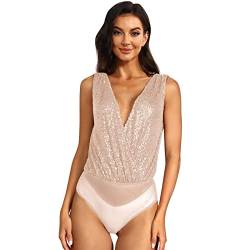 Odizli Body Damen Elegant Sexy Ärmellos V-Ausschnitt Glitzer Pailletten Oberteile Top Festliche Hochzeit Party Sommer Clubwear Bodysuit Women Festival Rave Outfit Blusenbody Kurz Jumpsuit Aprikose M von Odizli